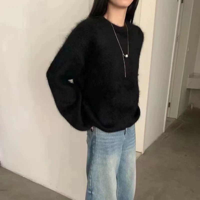 慵懒风仿水貂套头圆领毛衣女秋冬新款宽松长袖软糯跨境针织上衣女|undefined