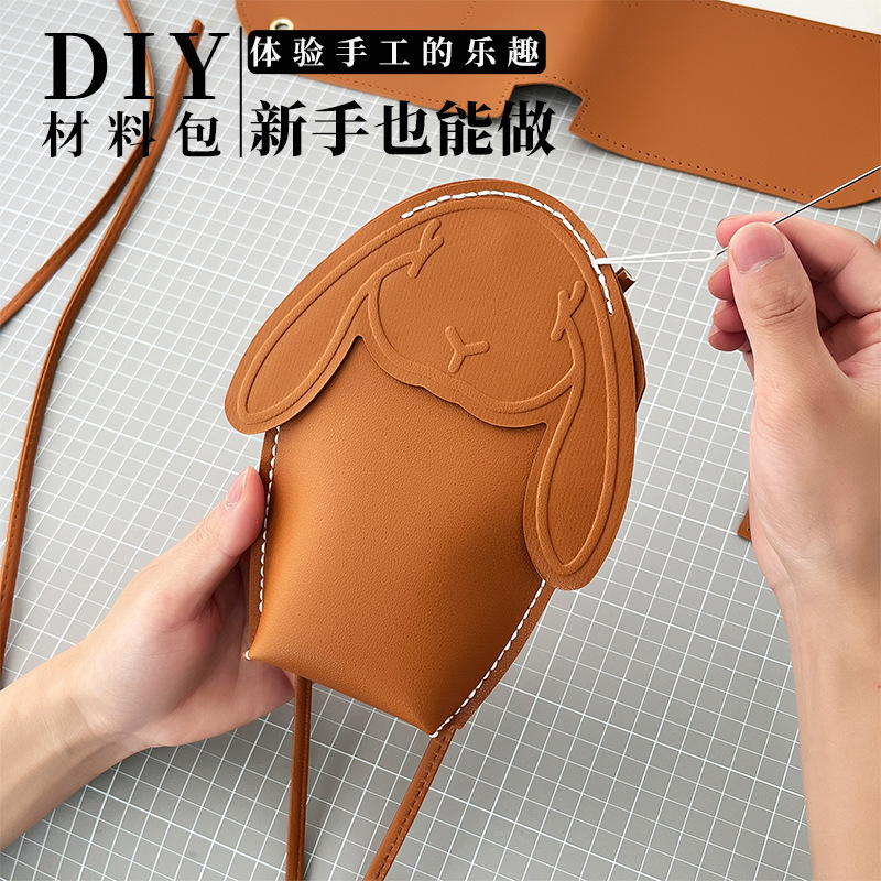 DIY Hand-woven Bag Leather Goods Hand-stitched Material Bag Rabbit Mobile Phone Bag Homemade Gift Leather Rabbit Bag