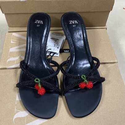 Za2025 Summer New Fashion High-Heeled Women's Shoes Beaded Cherry Pendant Black Stiletto Open Toe Women's Shoes