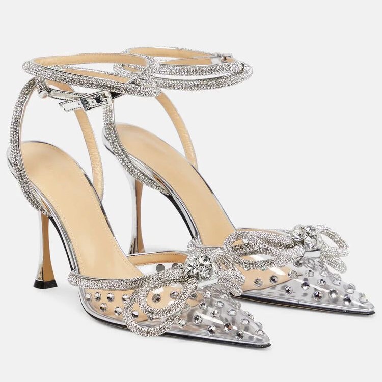 European and American Foreign Trade Bow-Knot Rhinestone High-Heeled Shoes Sequined Pointed Toe Hollow Strap Sandals Women's Crystal Shoes