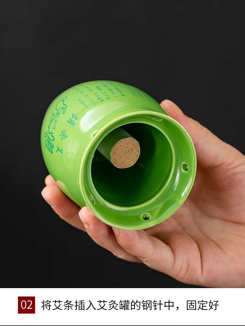 Ceramic Moxibustion Cup with Gua Sha Massage Beads Jade Green Wellness Tool with Dust Cover and Cloth Sleeve key features