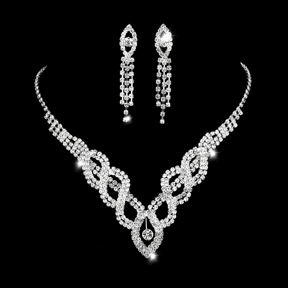 Wedding Dress Bride Hollow Full Diamond Women's Copper Necklace And Earrings Two-piece Set display picture 1