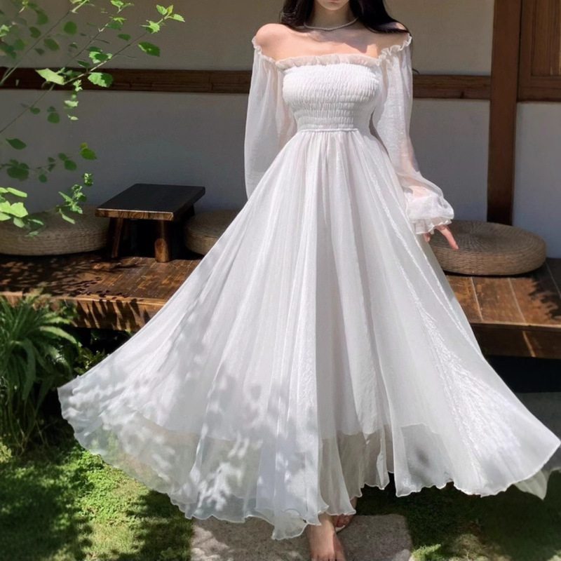 2025 New Style Large Swing Skirt off-shoulder Chiffon dress Women's Summer Seaside Beach Skirt Gentle Fairy Skirt Tight Waist