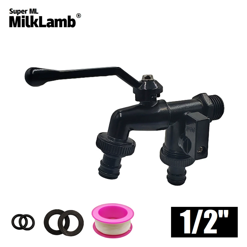 Эксклюзивная трансграничная поставка: садовый кран из цинкового сплава с двумя выходами (1/2 дюйма), один вход и два выхода, двойной ниппельный кран [черный]