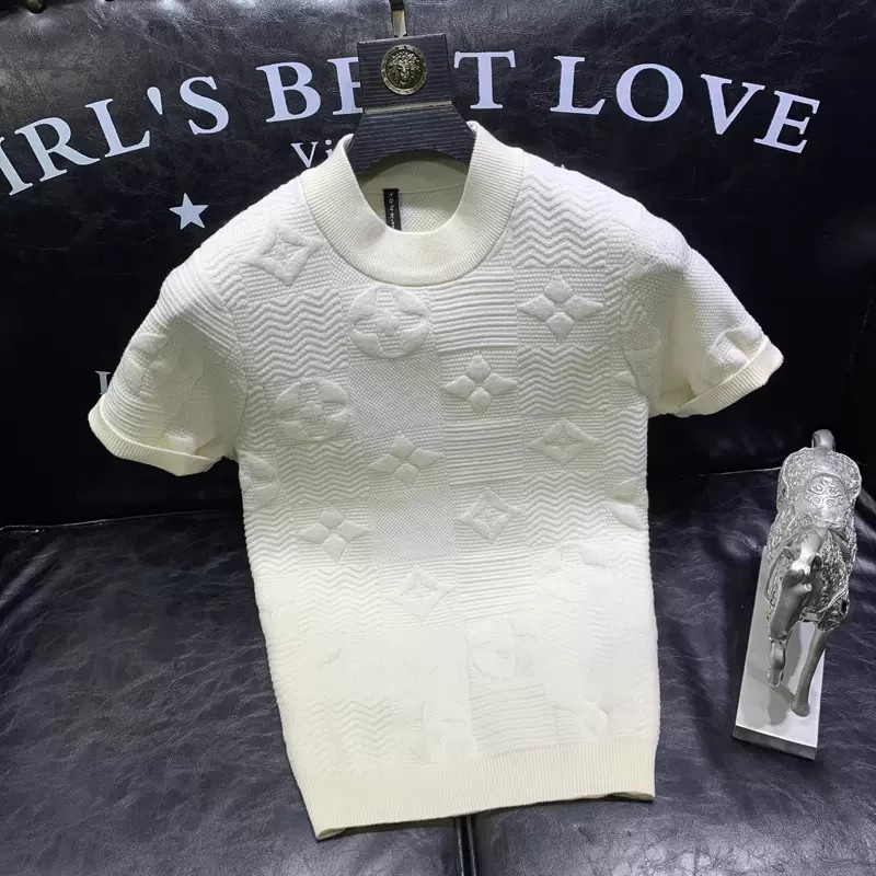 Spring and Summer New Short-sleeved Sweater Men's Knitwear Half-sleeved Base Crewneck Jacquard Pattern Trendy Pullover Top for Men Spring and Summer New Short-sleeved Sweater Men's Knitwear Half-sleeved Base Crewneck Jacquard Pattern Trendy Pullover Top for Men
