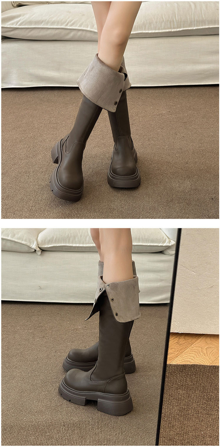 Knielang für Damen im Herbst-Winter, neuer Instagram-Zweiteiler, faltbar, Knight High 2024, kleine Stiefel mit dicken Sohlen_voghion.com