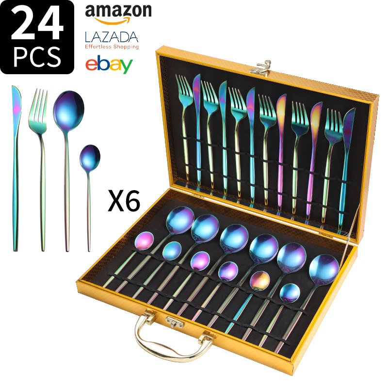 Juego de cuchillo y tenedor de comida occidental portuguesa de acero inoxidable de Amazon transfronterizo Juego de 24 piezas de bistec, cuchillo, tenedor, cuchara, cuchara, juego de cuchara de postre