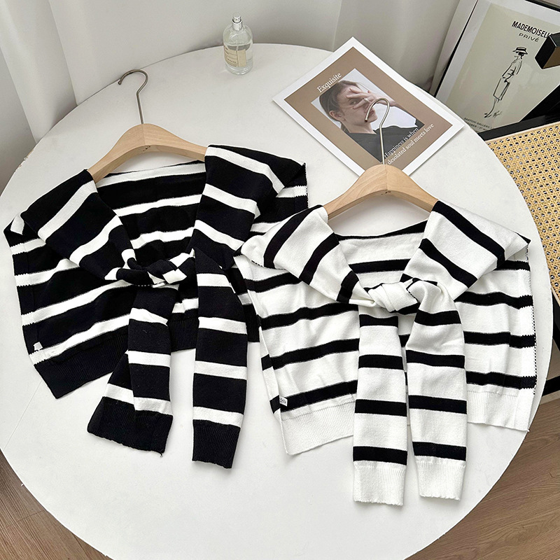 Challas de punto a rayas para mujeres 2025 aire acondicionado coreano aire acondicionado decoración cruzada pequeña camisa fábrica directa al por mayor