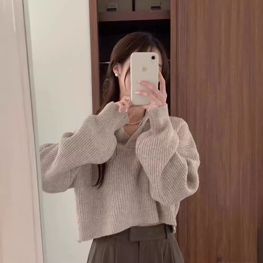 Chico coreano otoño invierno nicho perezoso viento medio abierto cuello suave glutinoso relajado casual versátil manga larga jersey mujer image 3