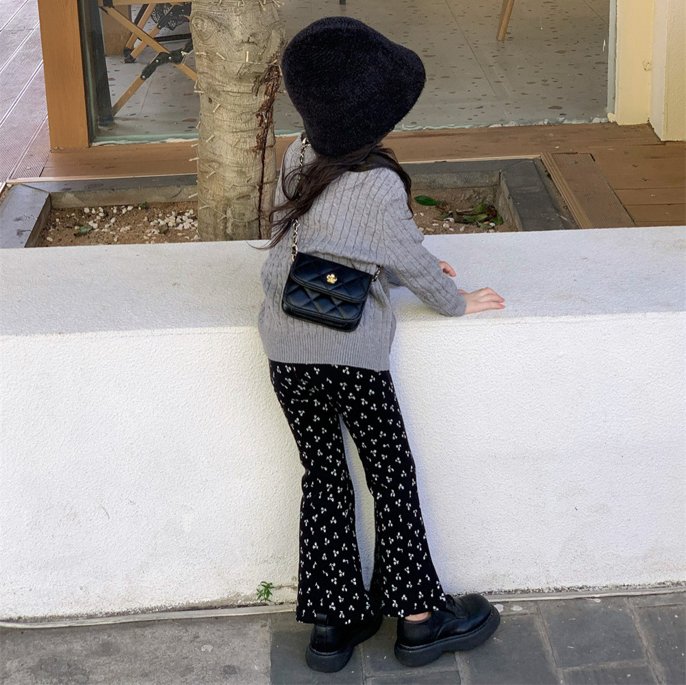 (2개) 가을 2024 새로운 소녀 서양식 니트 카디건 활 긴팔 티셔츠 플레어 바지 3 피스 세트