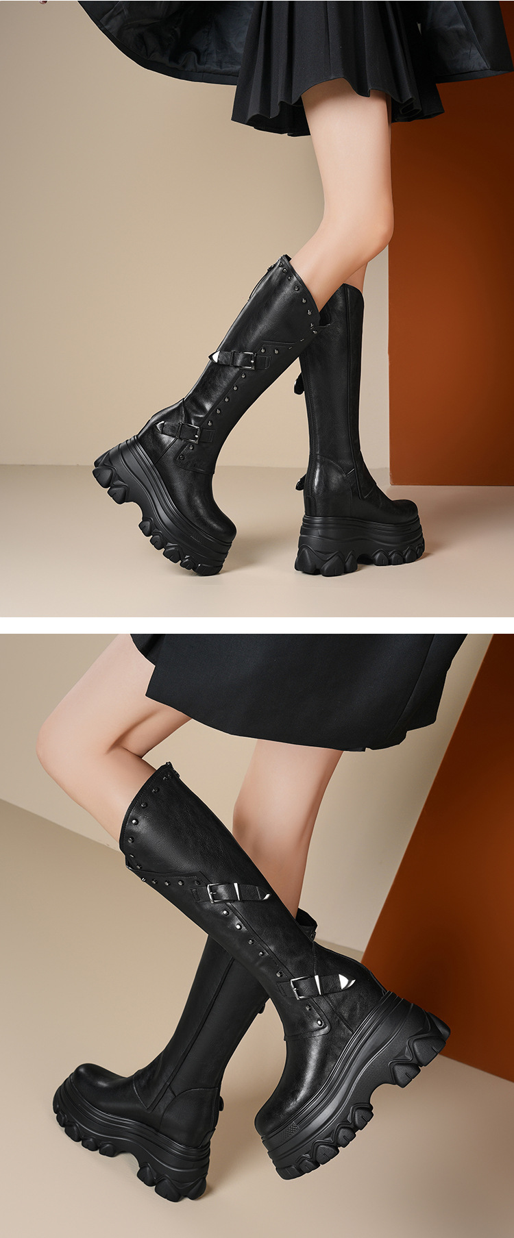 Boot nữ cổ cao ôm bắp chân đế xuồng tăng chiều cao 12 cm — Lót nhung đen chi tiết 2