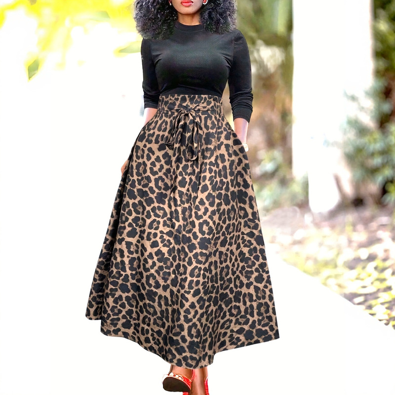 New Elegant Bow Leopard Print Long Skirt, Fashionable Casual and Easiest for Match Ladies Party Vacation High Waist Skirt