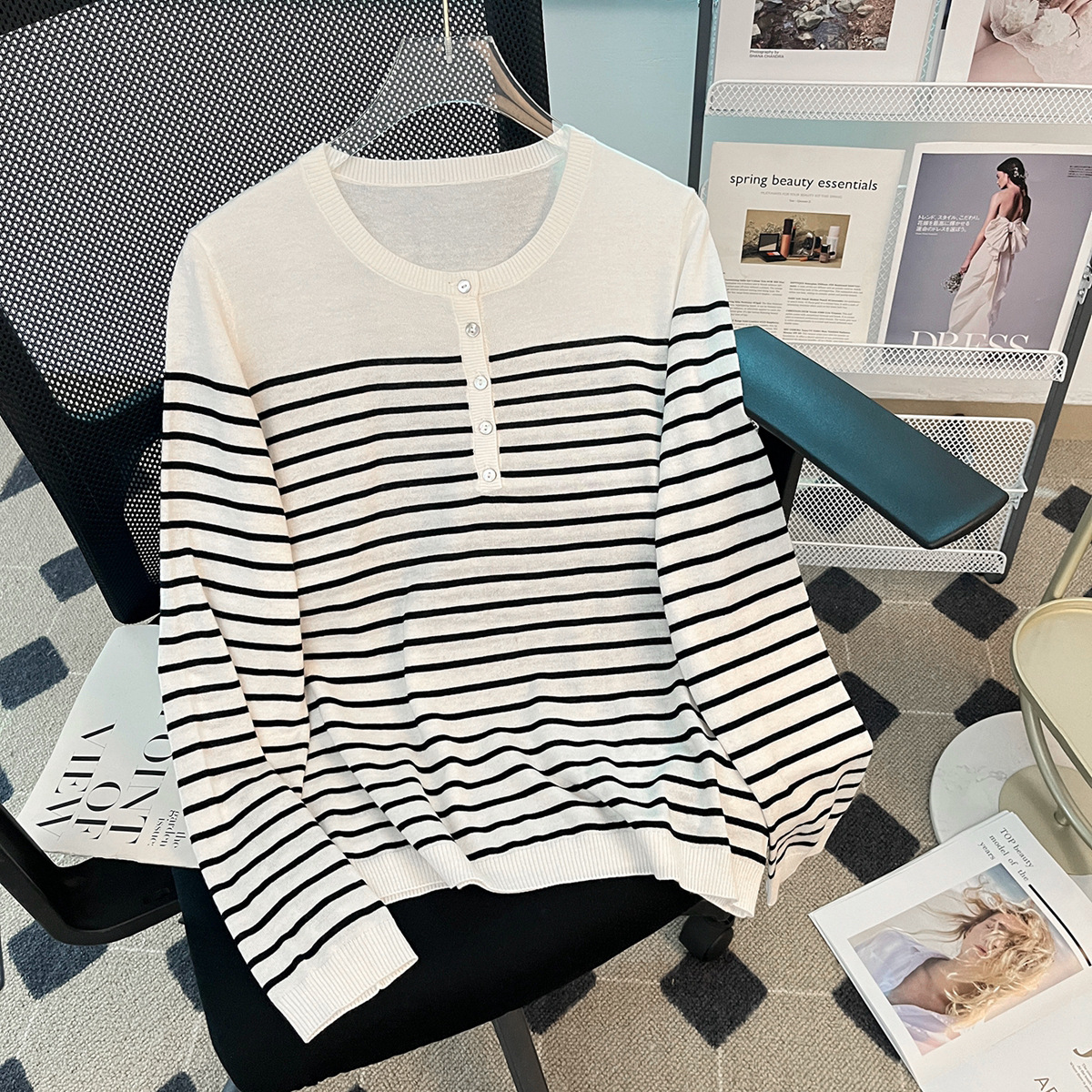Dahong Same Style [California Angel] Round Neck Single-Breasted Striped Loose Thin Knit Sweater with Wool for Women