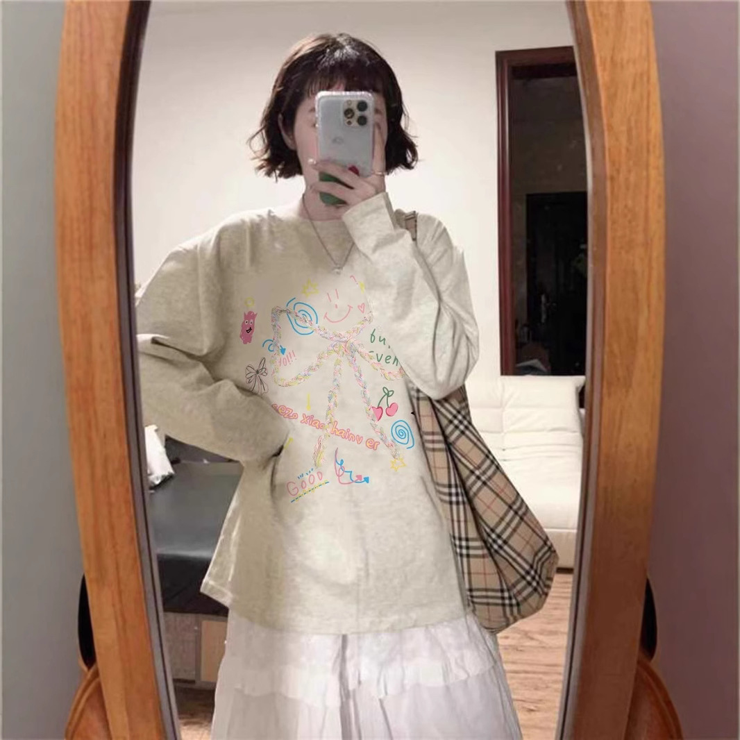 Round Neck Bow Printed Cotton Long-Sleeved T-Shirt for Women Spring & Fall Floral Gray Loose Inner Layering Shirt Top Summer