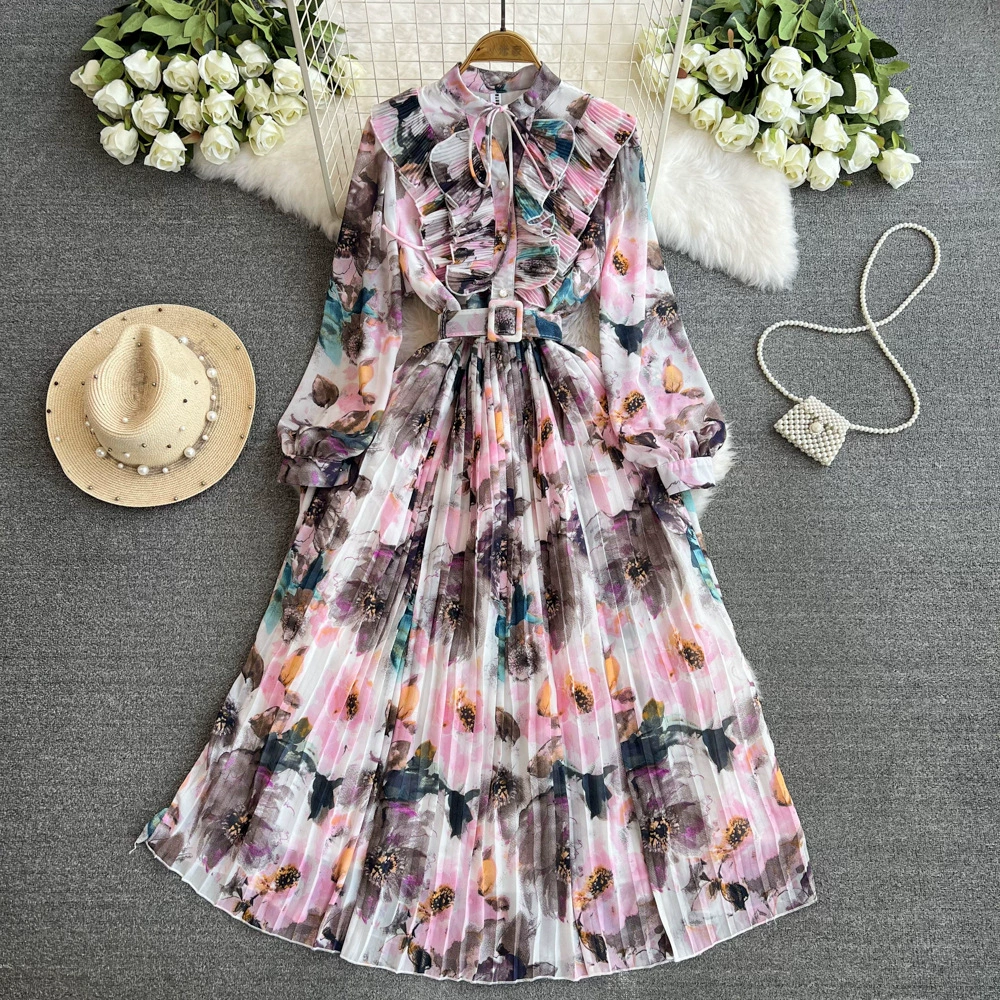 Удлиненное чувство ретро темперамент воротник с длинными рукавами талия с тонким принтом плиссированное платье элегантное платье