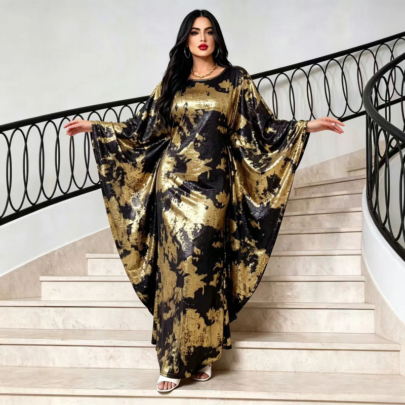 6801 Cross-Border Women's Elegant Gold-Stamped Long Dress with Batwing Sleeves and Waist-Cinching Caftan Gown 6801 Cross-Border Women's Elegant Gold-Stamped Long Dress with Batwing Sleeves and Waist-Cinching Caftan Gown