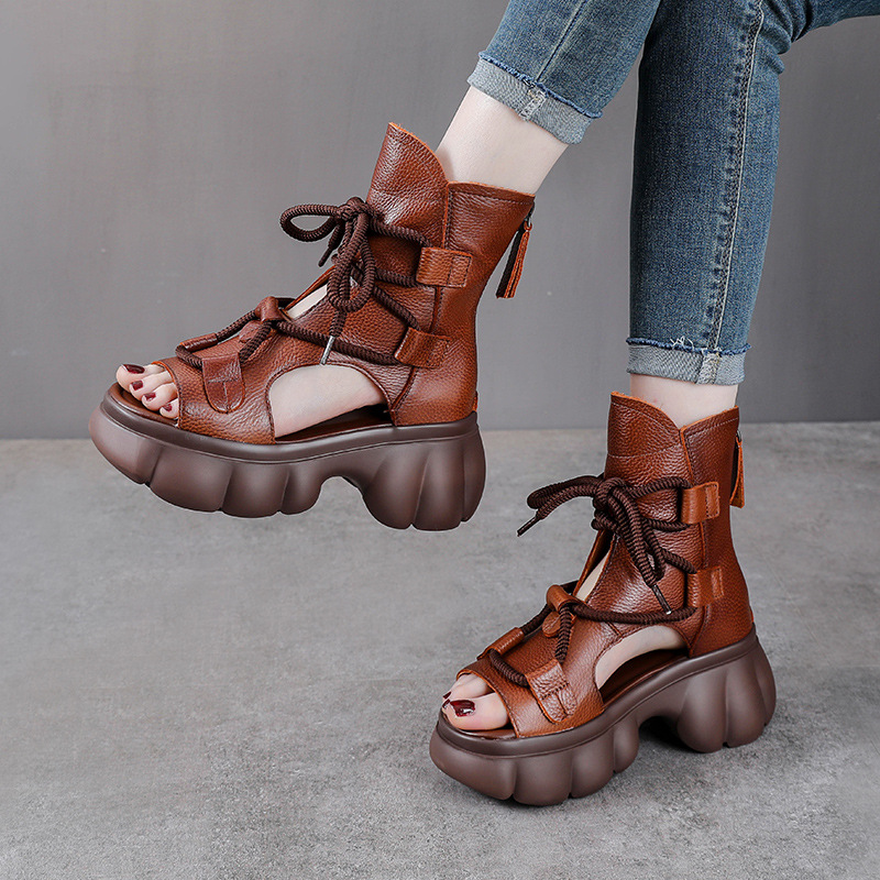 Sandal cao gót nữ hở mũi phong cách La Mã, đế dày, da bò thật, cổ cao lỗ thoáng — màu be