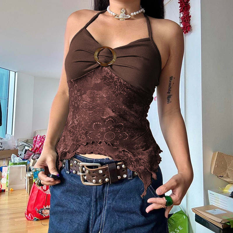 2025欧美女装复古印花不规则下摆挂脖背心设计感针织拼接吊带上衣|undefined