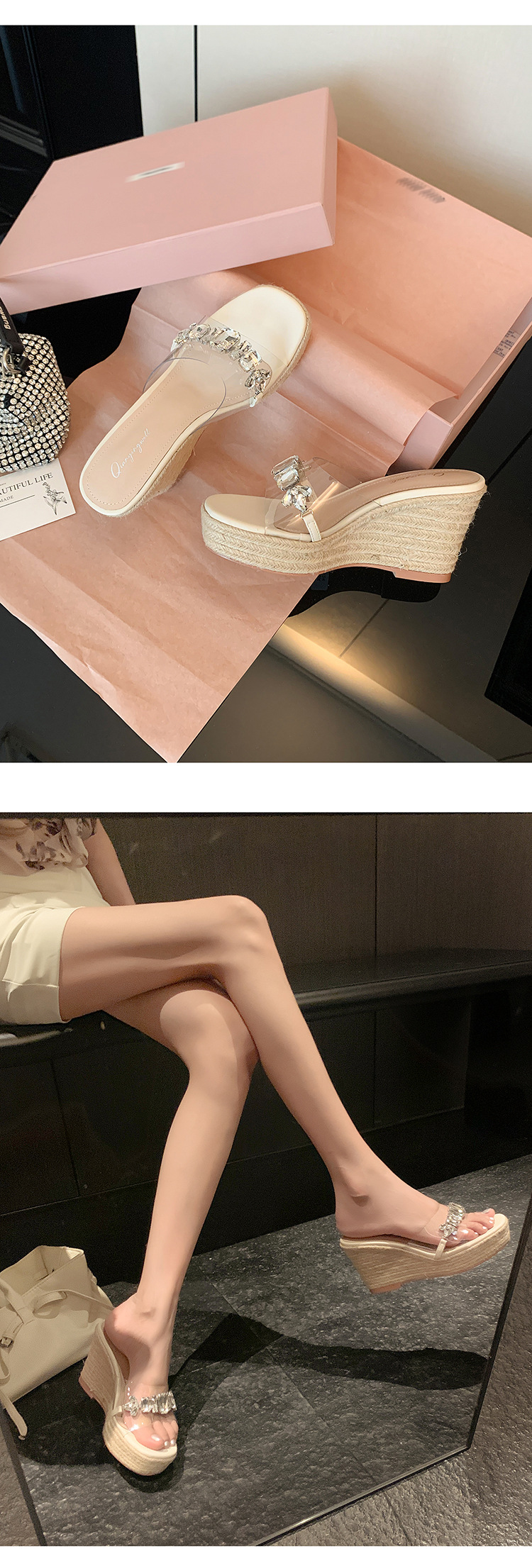 Sandal cao gót nữ đính đá quai ngang mũi hở đế xuồng cao gót 9 cm — Mặt đính đá trắng kem, Mặt trơn trắng kem chi tiết 12