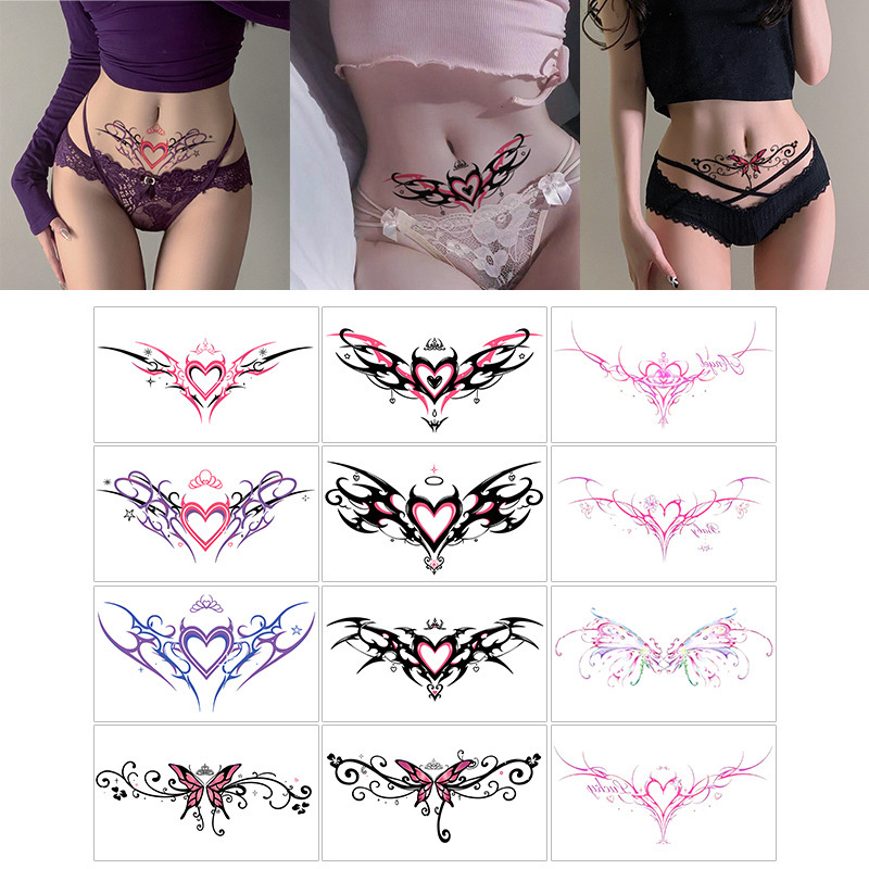 Colorful Succub Waist Tattoo Sticker Pink and Purple Heart Butterfly Pattern Sexy Waterproof Belly Tattoo Sticker for Women