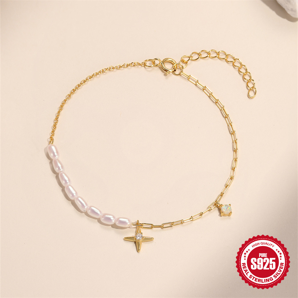 Ins estilo simple moda europea y americana lujo ligero transfronterizo s925 plata de ley exquisita estrella ab cadena pulsera de pila de perlas