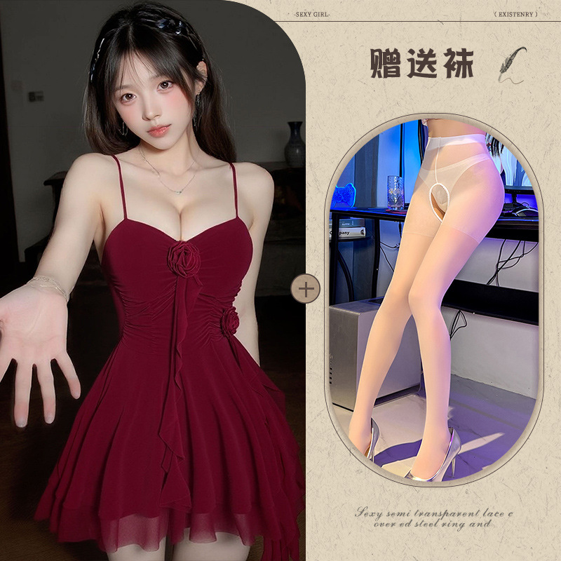 버건디 + 화이트 가랑이 없는 양말