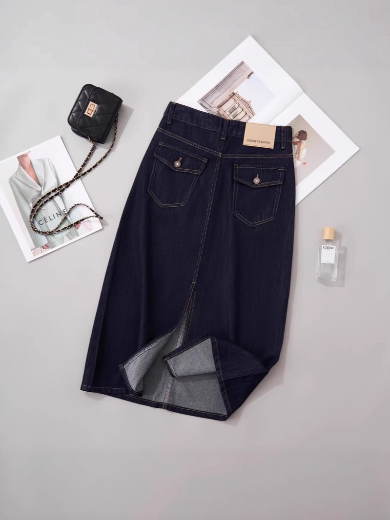 Chân váy denim chữ A Lycell mỏng mùa hè, dáng dài vừa, xẻ tà, rộng rãi tôn dáng — Xanh denim