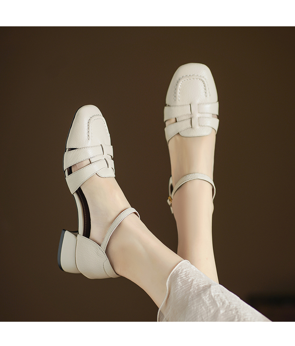 Sandal nữ da cừu mũi nhọn quai khóa gót thô 9 cm — đen chi tiết 10