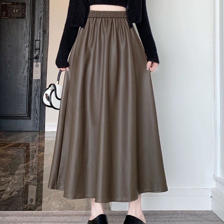 复古高腰大摆伞裙黑色pu皮半身裙女秋秋感中长款遮胯a字长裙