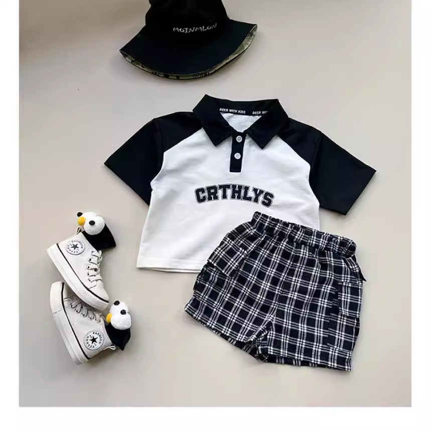 Children's Polo Shirt 2023 Summer New Baby Collar Letter Thin Color Block Top Infant Stylish T-shirt Trendy