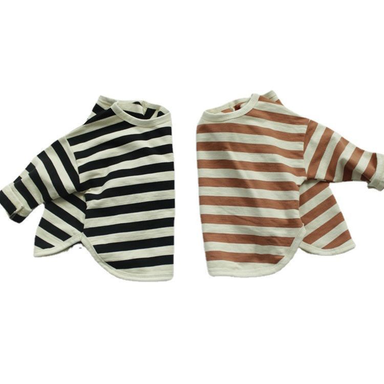 Otoño Suéter para niños Camiseta suelta de manga larga de estilo coreano Cuello redondo a rayas Top de ropa suelta para hombres y mujeres se puede usar afuera