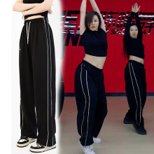 春秋黑色新款细条杠学生校服裤爵士舞跳舞宽松阔腿休闲运动长裤