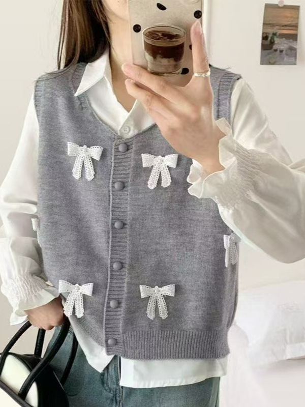 红色可爱蝴蝶结针织马甲女2025春秋大码胖mm减龄叠穿毛衣背心上衣|undefined