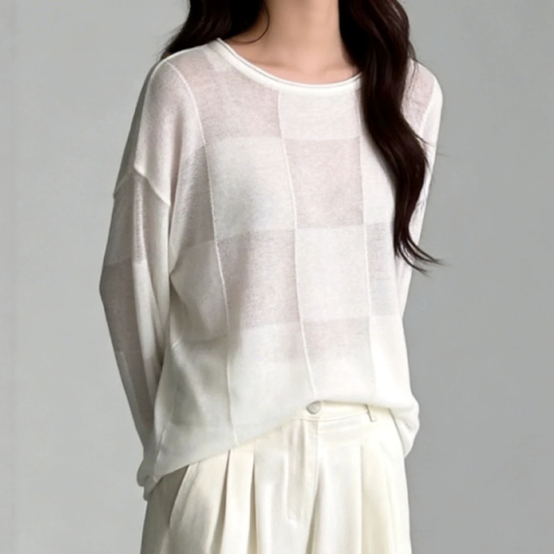 Laura Memory Lyocell Blouse for Women, New Summer Style, Round Neck, Square Pattern, Drop Shoulder Sleeves, Loose and Lazy Style Top Jacket