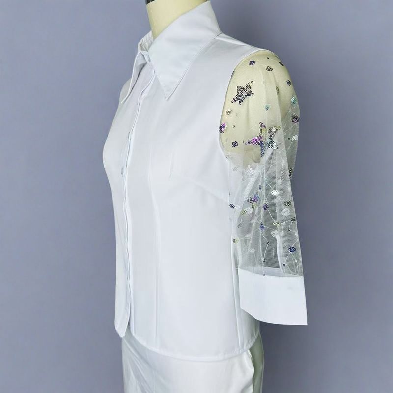 Pointed Collar Lace Sequin Sleeves Ethnic Style Design Fashion Shirt Spliced Five-Quarter Sleeves Trendy Slim Waist Thin Women's Shirt Pointed Collar Lace Sequin Sleeves Ethnic Style Design Fashion Shirt Spliced Five-Quarter Sleeves Trendy Slim Waist Thin Women's Shirt