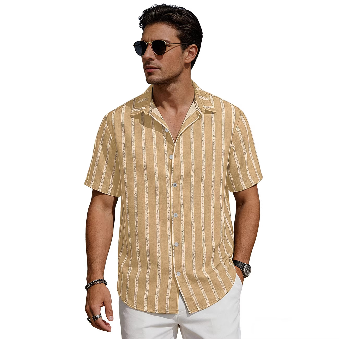 Amazon verano nuevo hombre con la solapa a rayas cardigan de manga corta americano gran camisa casual de comercio exterior camiseta hombre