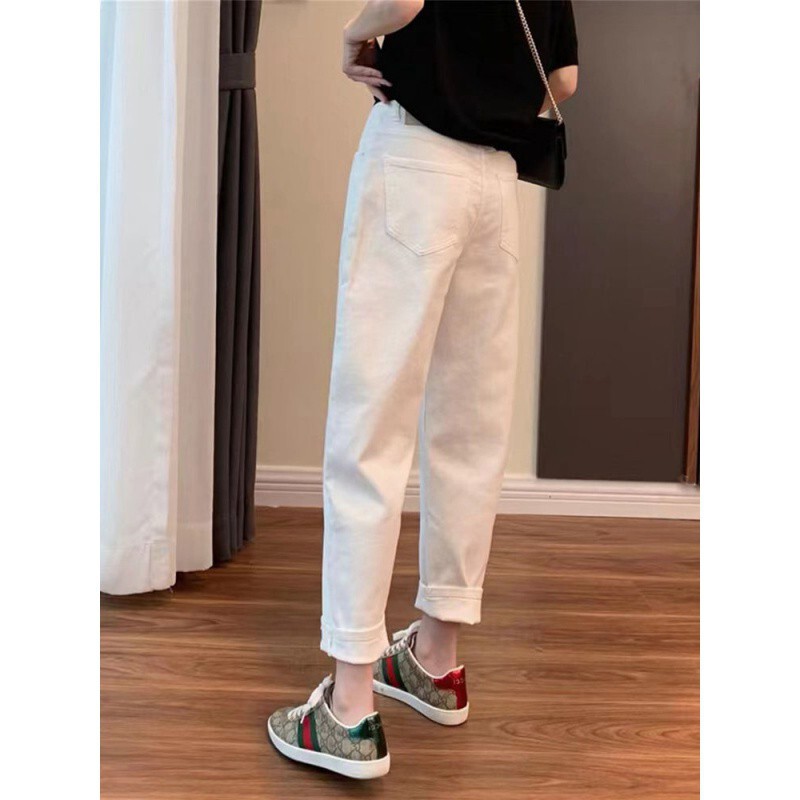 美式复古九分白色牛仔裤女春秋款宽松直筒哈伦裤高腰显瘦老爹裤子|undefined