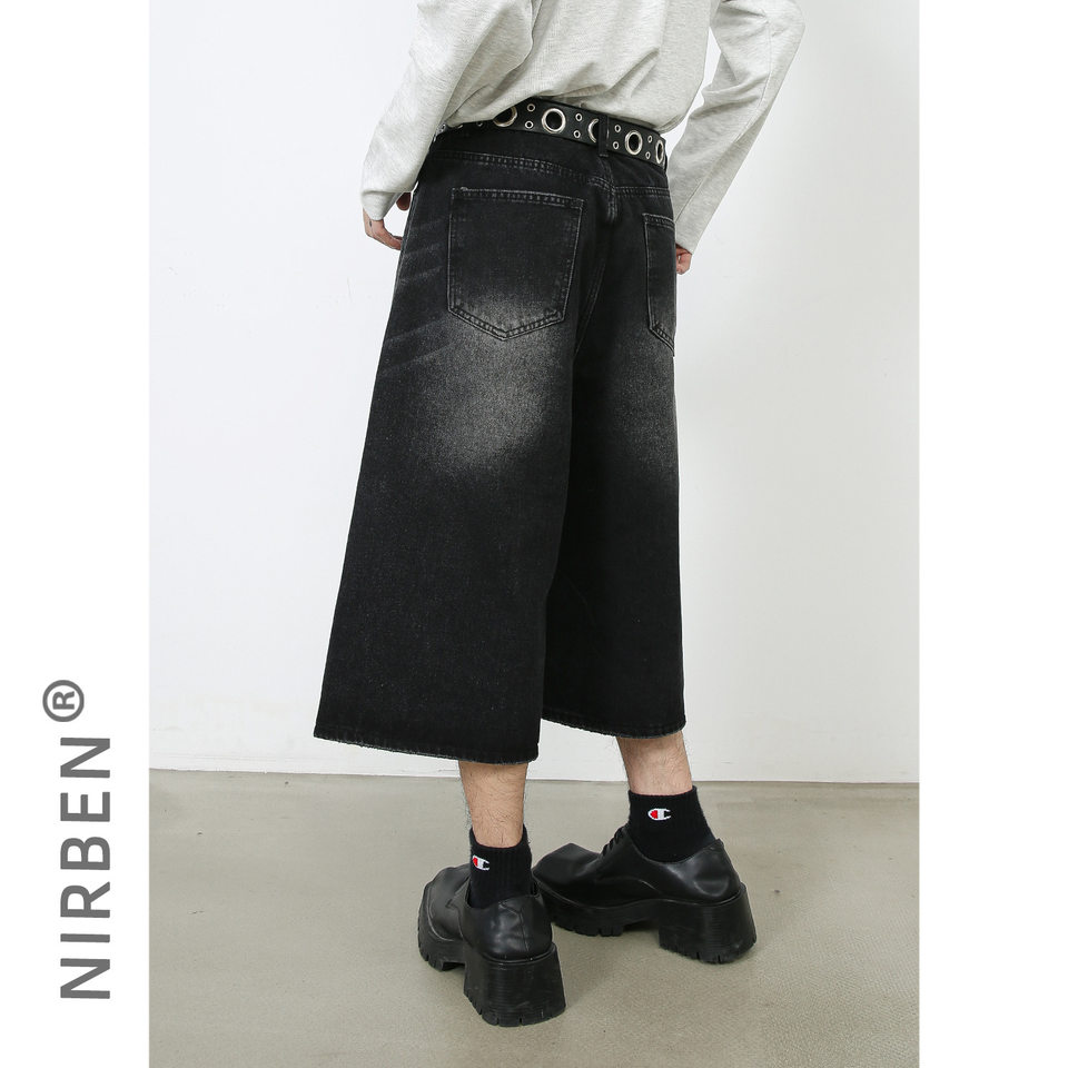 Quần jean nam ống rộng lửng 7/10 phong cách Hàn, lưng cao thoải mái — Làm cũ, Màu trắng, Màu xanh denim thô, Màu đen thô