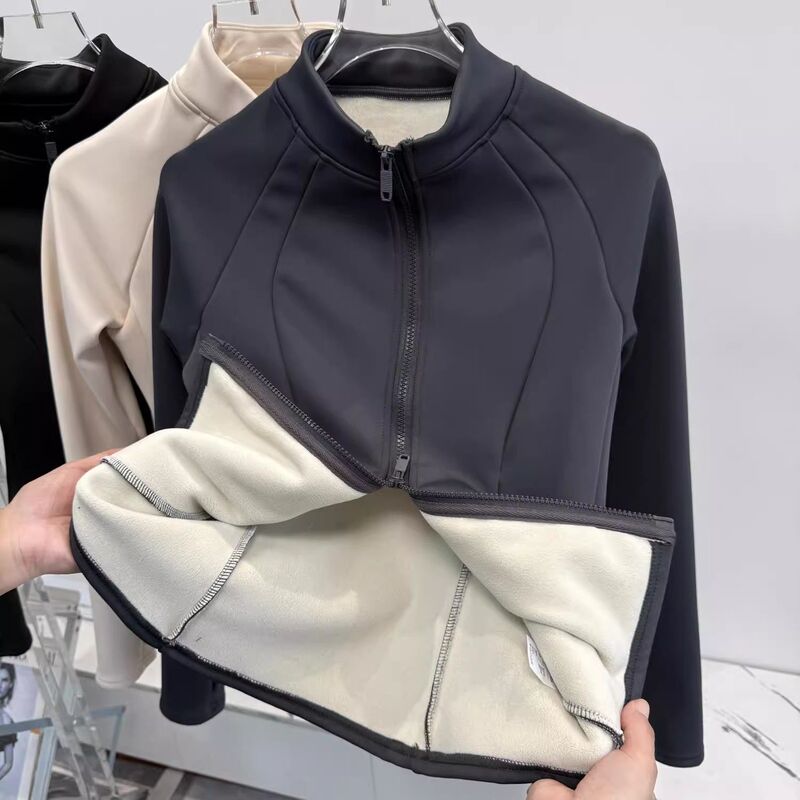 Autumn and Winter Slimming Look, Warm and Velvet Jacket for Women, Stand-Up Collar Zipper, Fitness Long-Sleeved Sports Jacket, Yoga Top