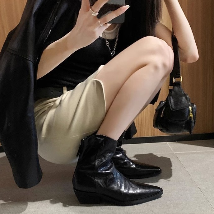 牛皮版~葡萄妈同款鞋百搭时髦尖头车缝线显瘦粗跟褶皱西部短靴|undefined