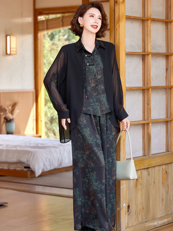 妈妈秋装套装洋气中老年女装春秋国风新中式假两件上衣气质两件套|undefined