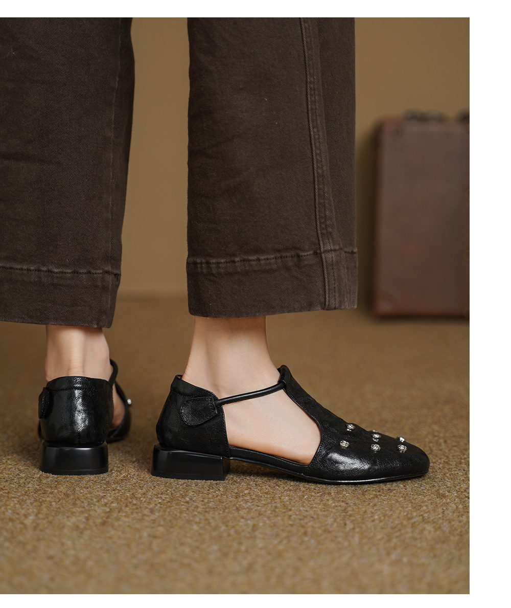 Sandal nữ quai ngang gót vuông ổn định, mũi kín, quai chữ T, form rộng cỡ lớn 33–42 — đen chi tiết 8