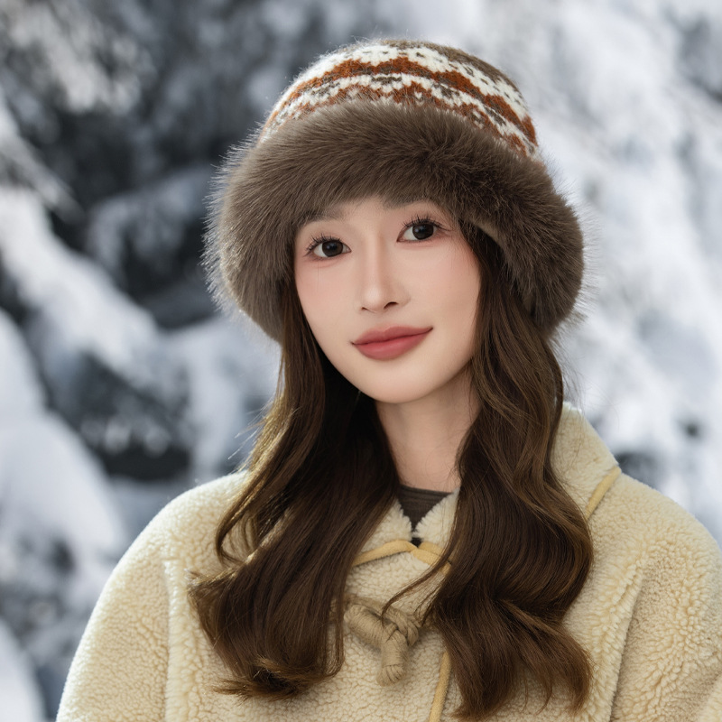 Cappello da pescatore invernale retrò in stile etnico jacquard lavorato a maglia, in pelliccia di coniglio, caldo, spesso e antifreddo_voghion.com