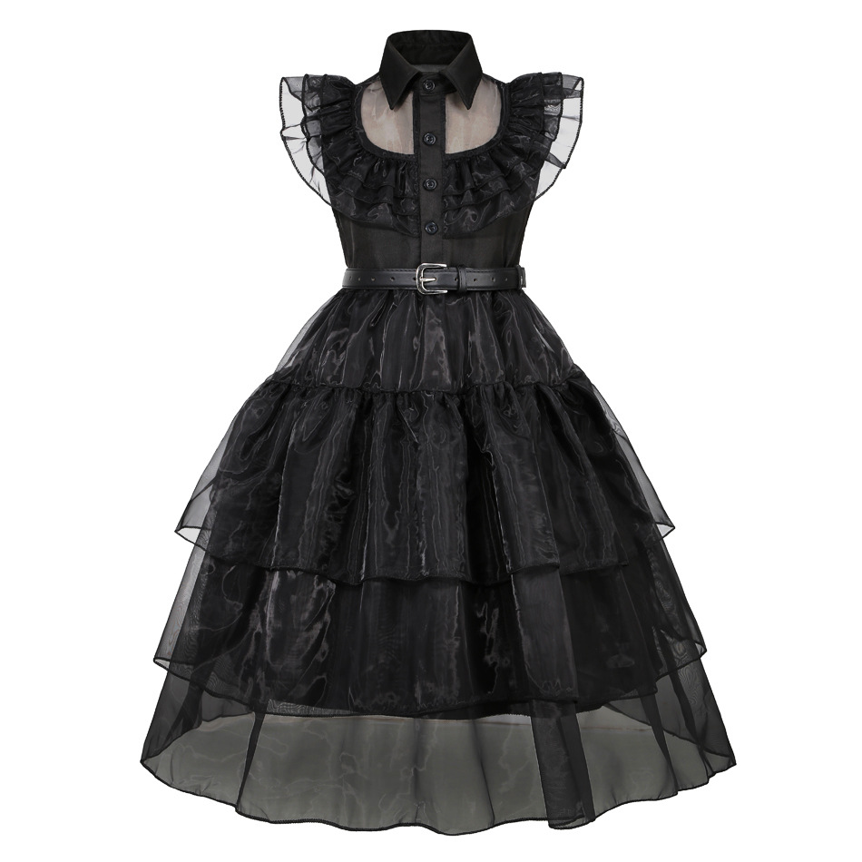 Cross-Border Wednesday Addams Cosplay Costume Children's Version Halloween Black Chiffon Dress One Piece