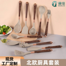 新款硅胶木纹厨具12件套不粘锅铲勺耐热披覆手柄套装 kitchen set