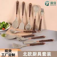 Набор силиконовых кухонных принадлежностей (Manjia) 12 предметов, ручки под дерево, термостойкие антипригарные