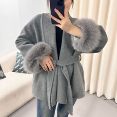 在庫あり秋冬新作メイラード韓国版無地ファッションストラップウエストウールコート女性用ルーズマントコート