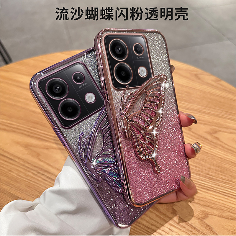 For red rice Note14 electroplated glitter mobile phone case K70 diamond quicksand 12C butterfly bracket A3 protective cover 10