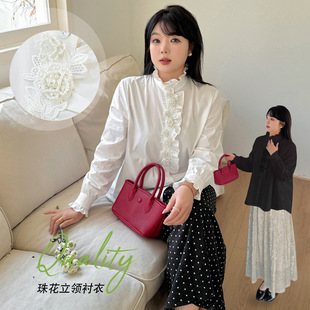 K2968 Spring plus size Women's Shirt French Collar Ear Cotton Beaded Shirt Fat mm240 Jin Women's