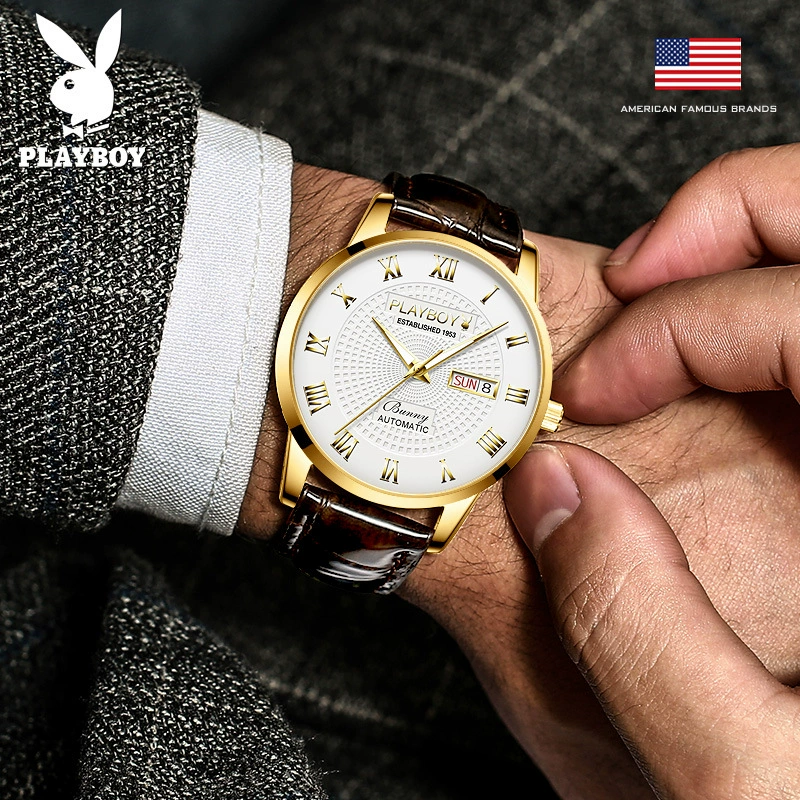 Часы Playboy, механические часы, швейцарские часы, мужские часы, полностью автоматические, натуральная кожа